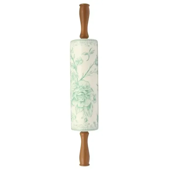 Pioneer Woman Agatha Ceramic Rolling Pin with Olivewood Handles Green White GIFT